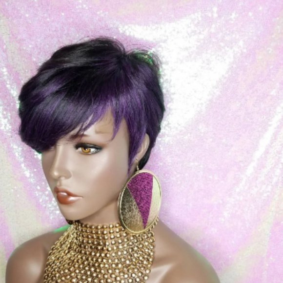 Purple Hair Pixie Cut Hairstyle Swoop Bang Fashion Trend Glueless Wig - Picture 7 of 7
